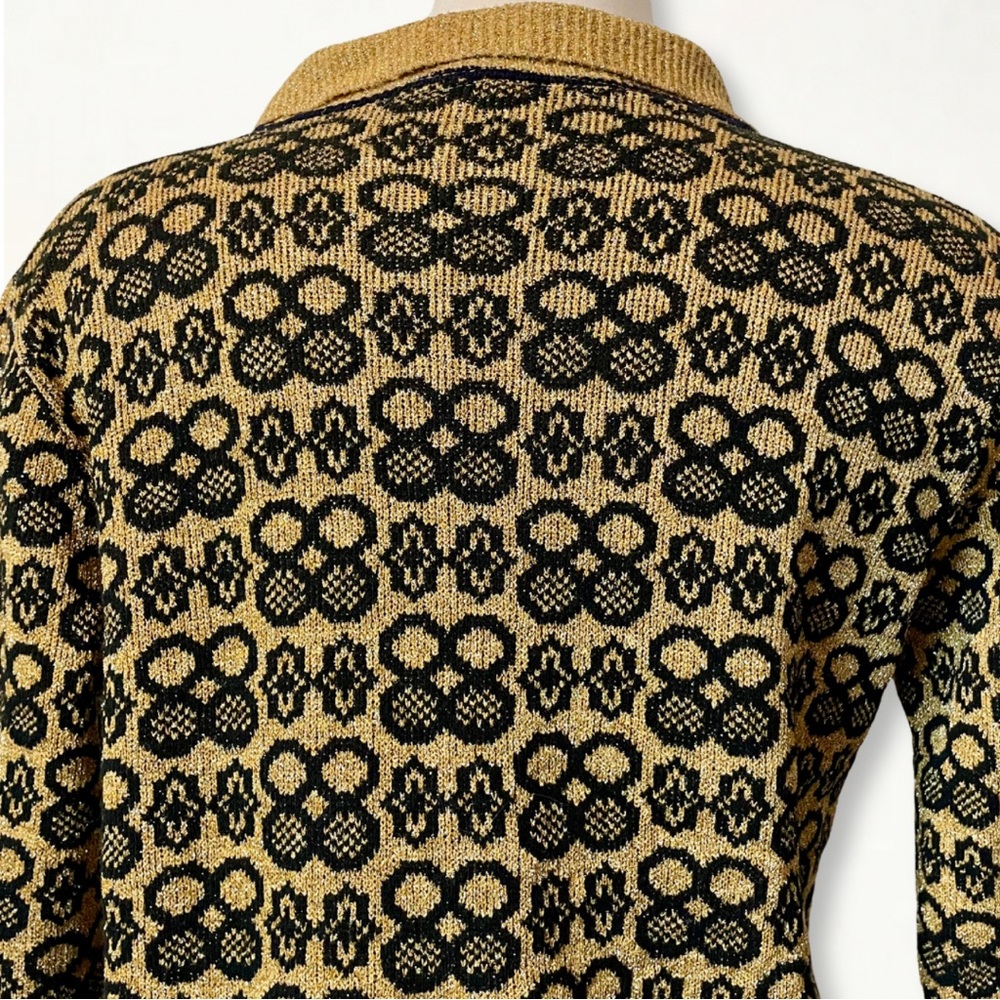 Vintage 60s 70s Gold and Black Metallic Lurex Collared Cardigan Sweater - Picture 6 of 10